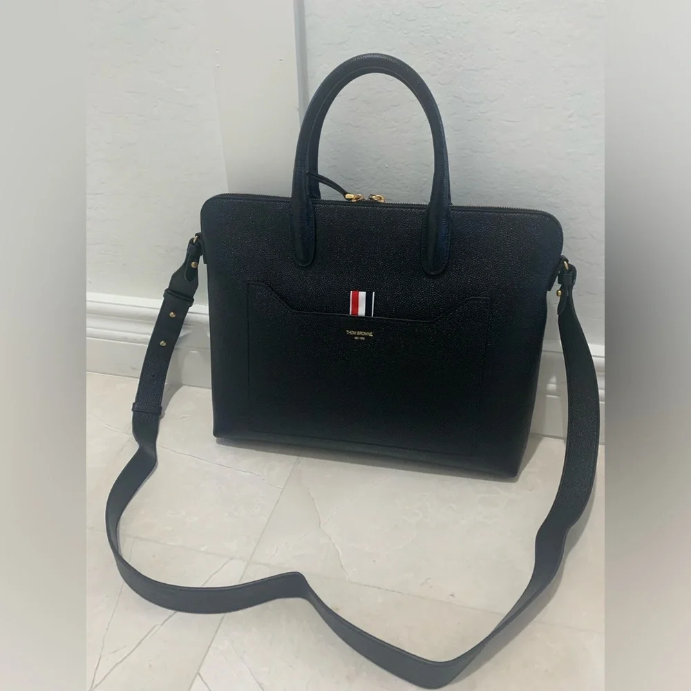 THOM BROWNE Black Pebble Grain Briefcase